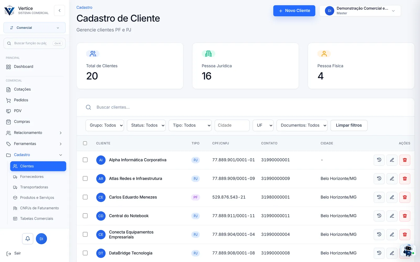 Tela real da Vértice: Clientes