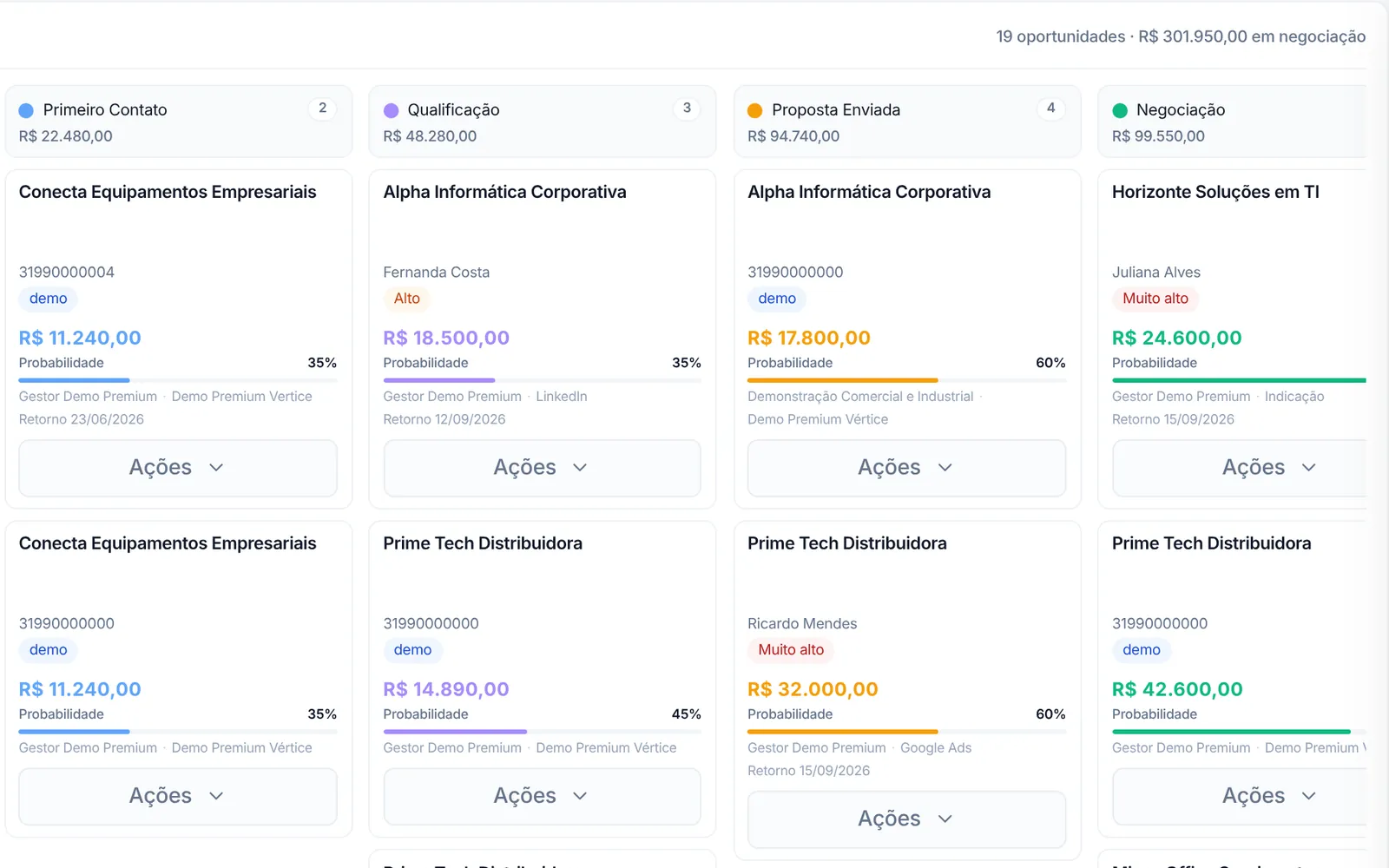 Tela real da Vértice: CRM