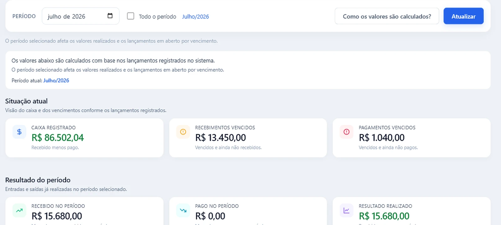 Tela real da Vértice: Financeiro