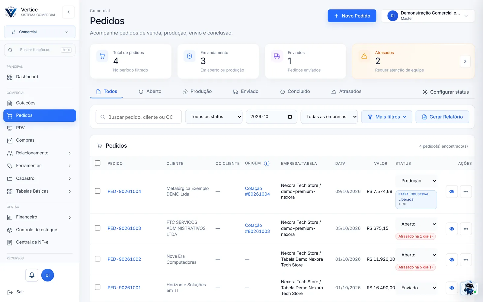 Tela real da Vértice: Pedidos
