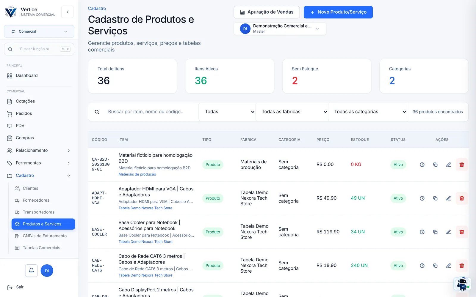 Tela real da Vértice: Produtos